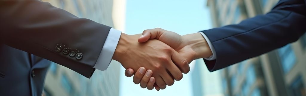 Geschäftsleute geben sich die Hand vor modernen Bürogebäuden – Symbol für erfolgreiche M&A Thailand Transaktionen.