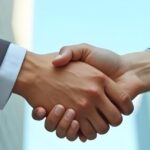 Due uomini d'affari si stringono la mano davanti a edifici moderni, simbolizzando una partnership di successo, con il visto business in Thailandia come opportunità per investitori e imprenditori.