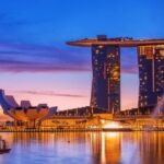 Marina Bay Skyline in Singapur mit Marina Bay Sands, Singapore Flyer und Finanzdistrikt als Symbol für das Geschäftsumfeld und die Mehrwertsteuer in Singapur
