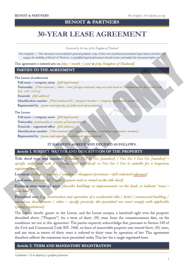 30-Year Lease Agreement Thailand template for long-term land and property leasing under Thai law