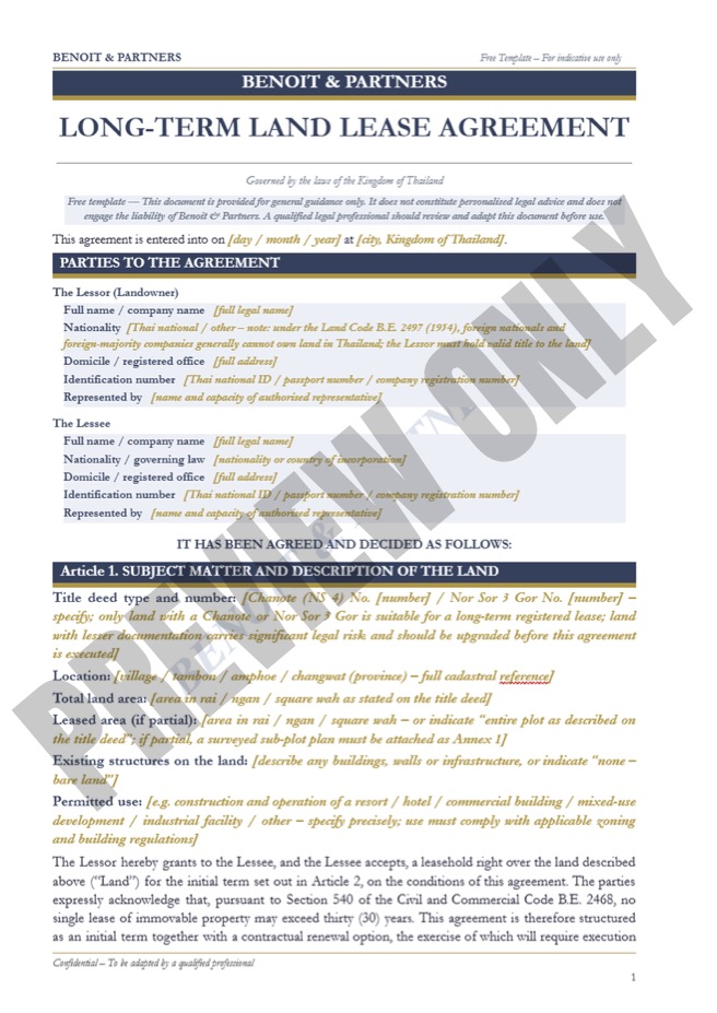 Long-Term Land Lease Agreement Thailand template for securing long-term leasehold rights over land under Thai law