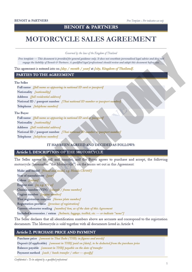 Motorcycle Sales Agreement Thailand template for the sale and transfer of ownership of a motorcycle under Thai law