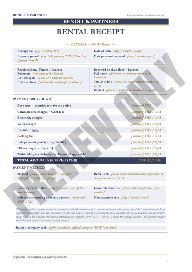Rental Receipt Thailand template for documenting rent payments received by a landlord under Thai law